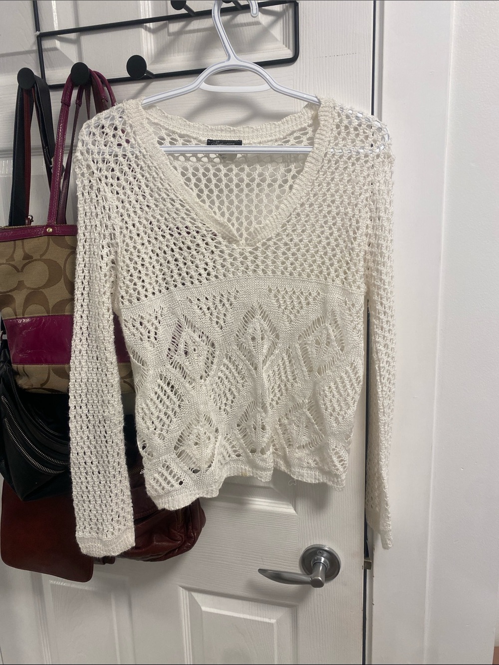 Women's Cream Open-Knit V-Neck Sweater